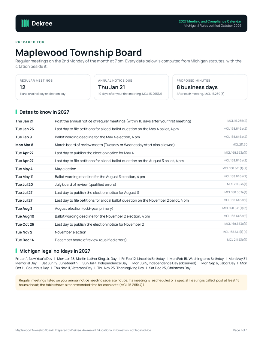 Sample calendar cover page for a fictional township board, listing 2027 dates to know with citations
